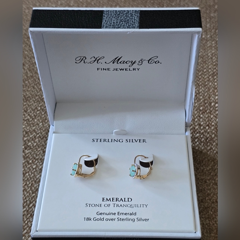Macy's Gold and Silver Emerald Earrings 18k Gold Over Sterling Silver New
